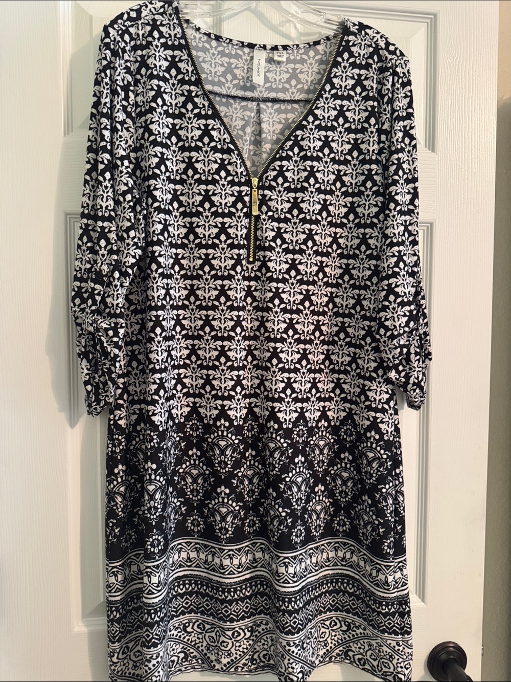 Tacera Black and White Printed Midi Dress with Zip Trim
